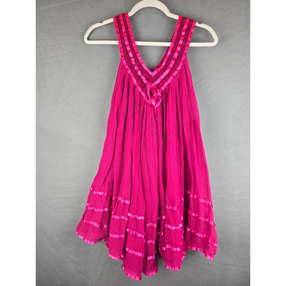 Women's Sleeveless Cotton Gauze Mini Dress M Ribbon Trim Hot Pink Boho Fairycore